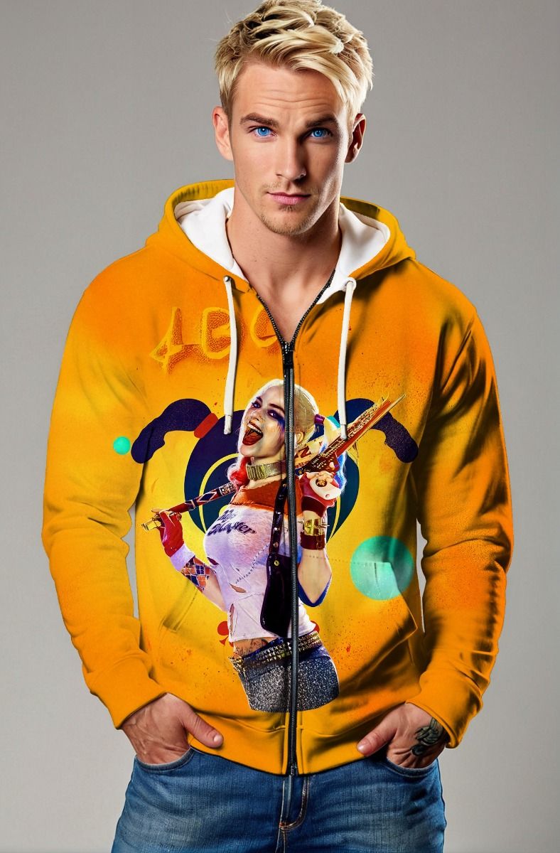 Yellow Harley Quinn Graffiti Zip‑Up Hoodie