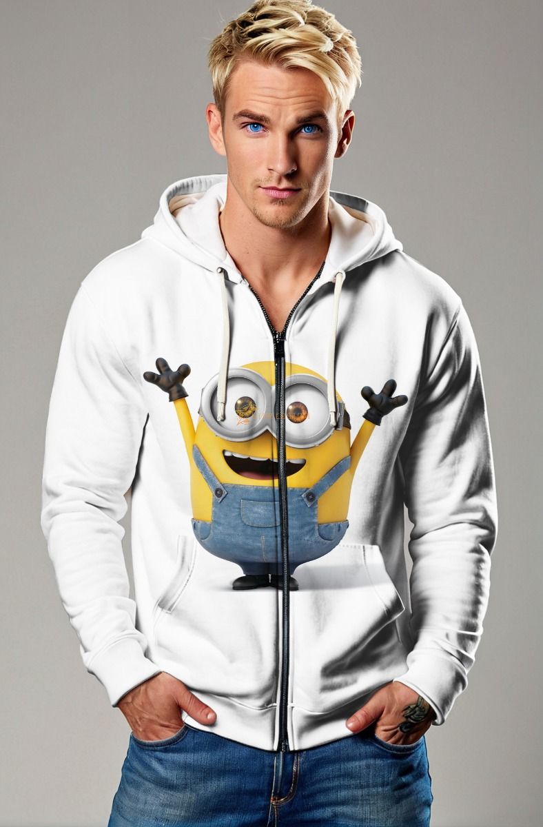 White Minion Graphic Zip‑Up Hoodie