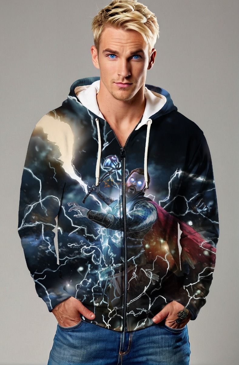  Dark Blue Thor Lightning Zip‑Up Hoodie