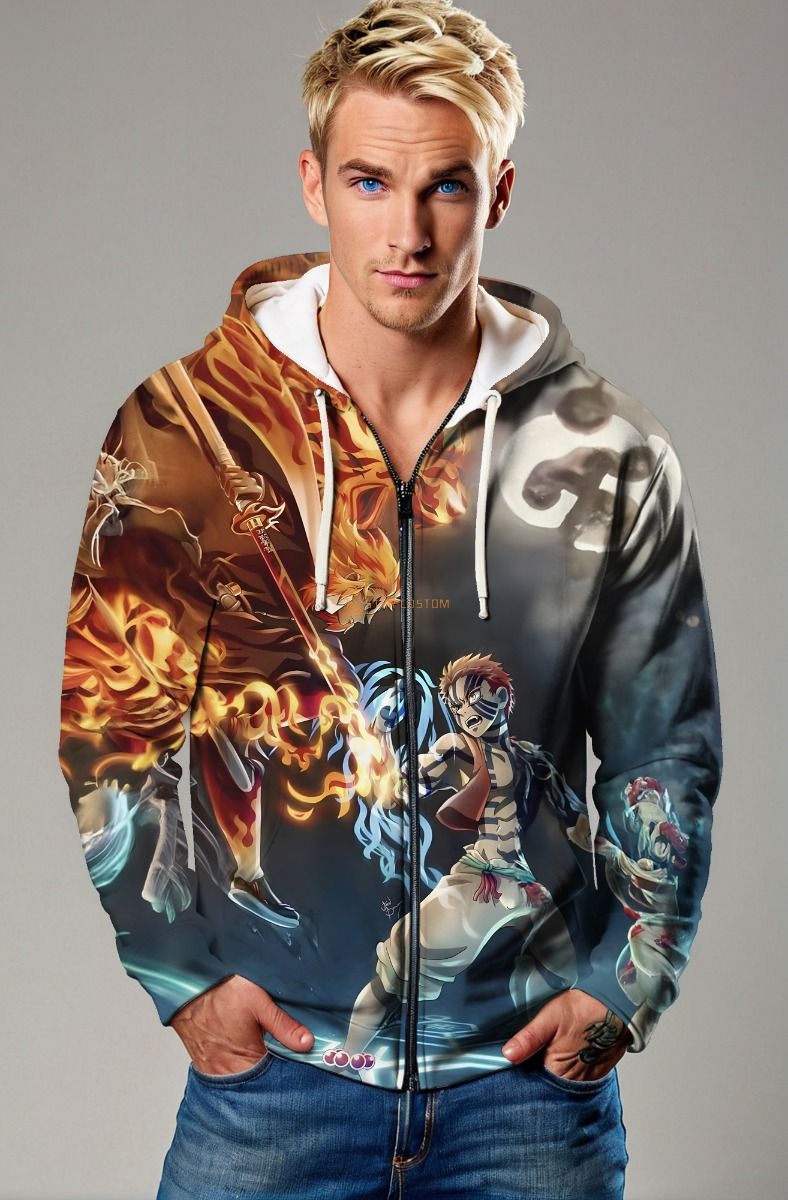 Brown & Blue Anime Battle Zip‑Up Hoodie