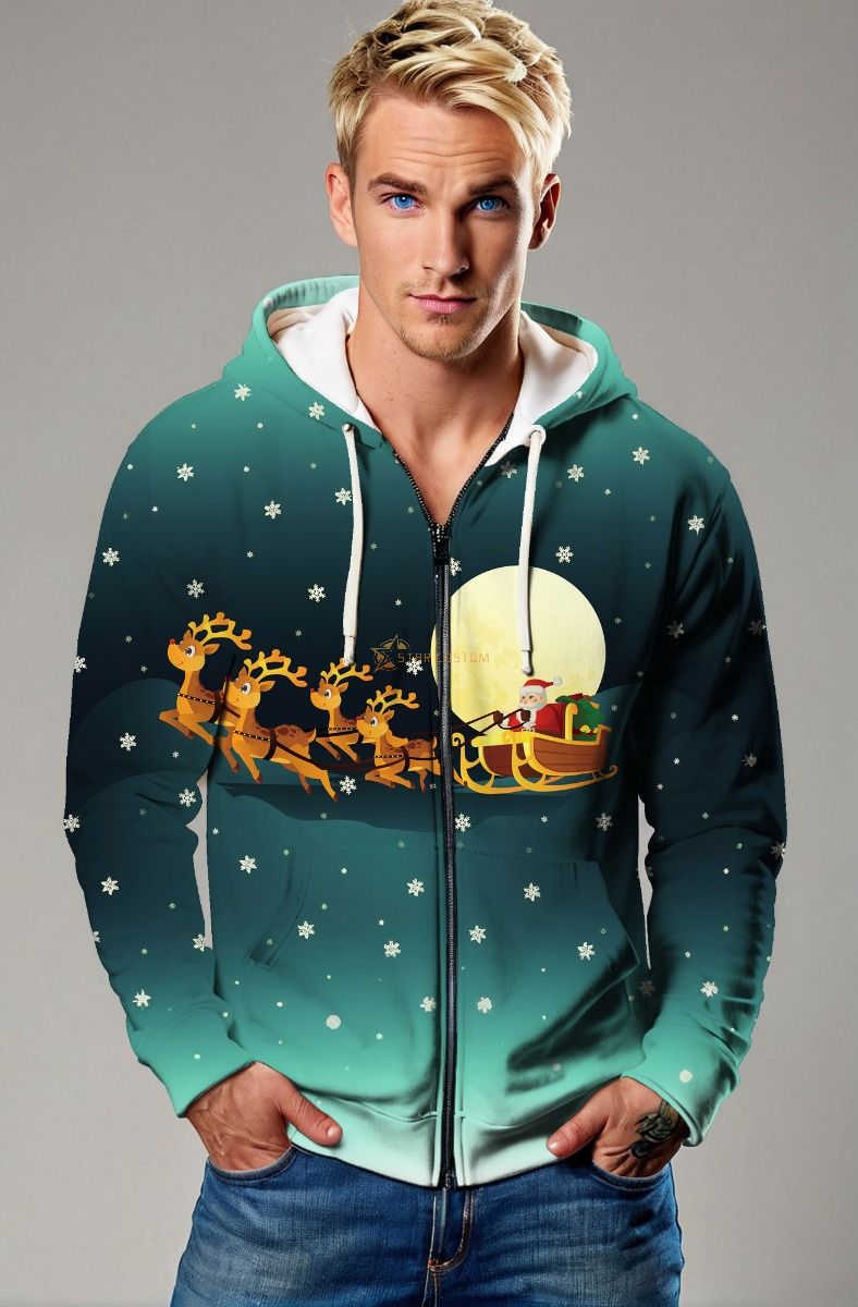 Dark Green Christmas Reindeer Santa Zip-Up Hoodie