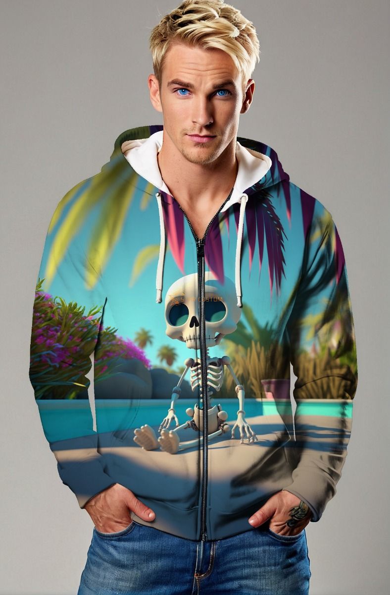 Aqua Blue Tropical Skeleton Zip-Up Hoodie