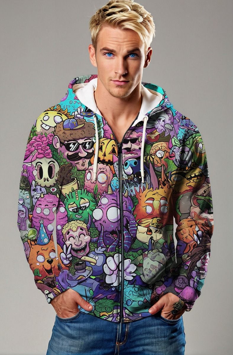 Multicolor Cartoon Characters Zip-Up Hoodie