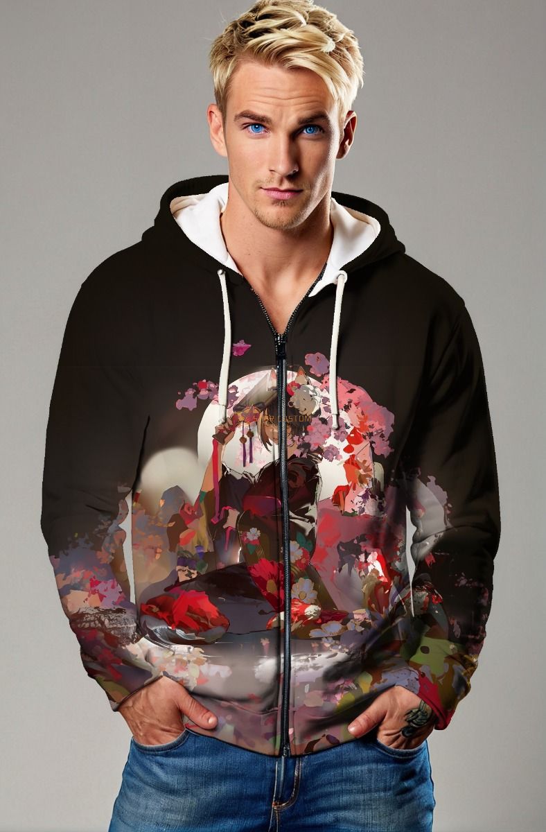 Black Anime Art Zip‑Up Hoodie with Floral Accents