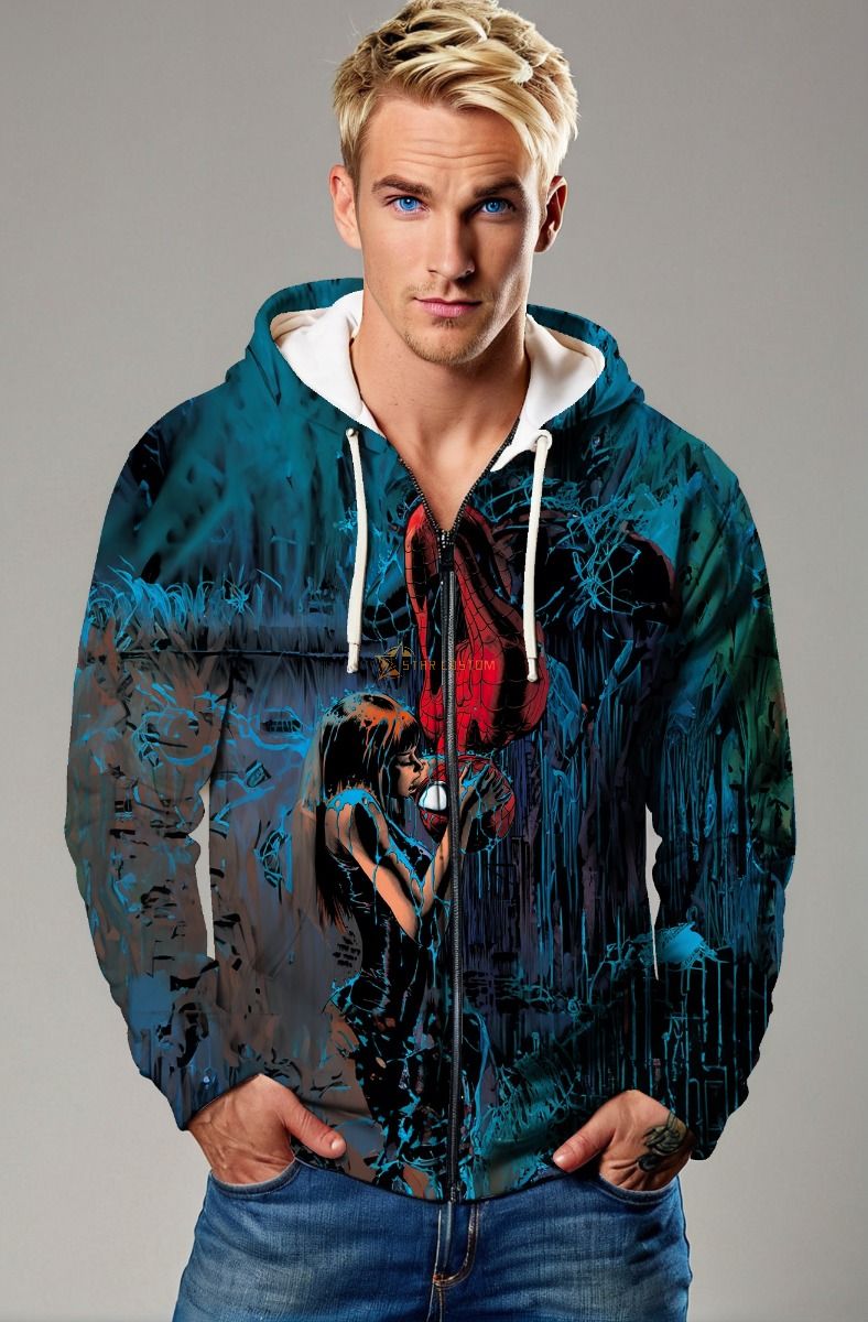 Dark Blue Spider‑Man Kiss Zip‑Up Hoodie