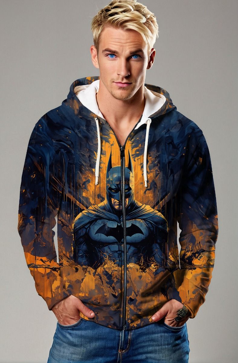 Dark Blue & Orange Batman Graphic Zip‑Up Hoodie