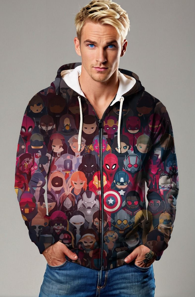 Dark Multicolor Marvel Heroes Graphic Zip‑Up Hoodie