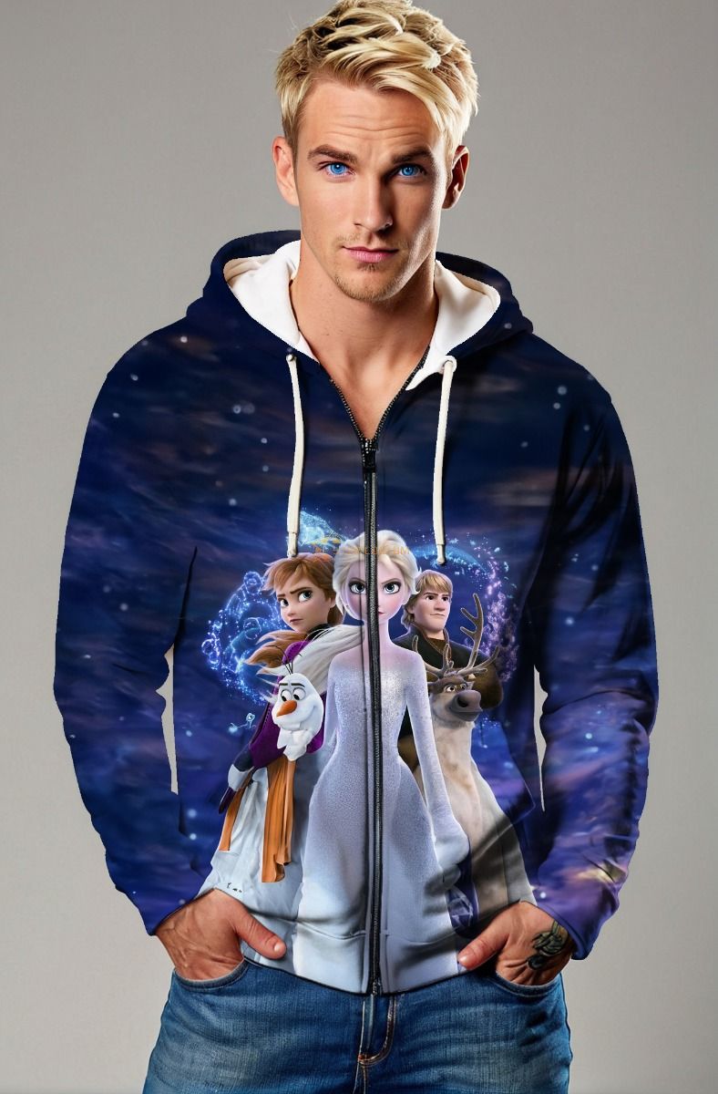 Dark Blue Frozen Characters Graphic Zip‑Up Hoodie