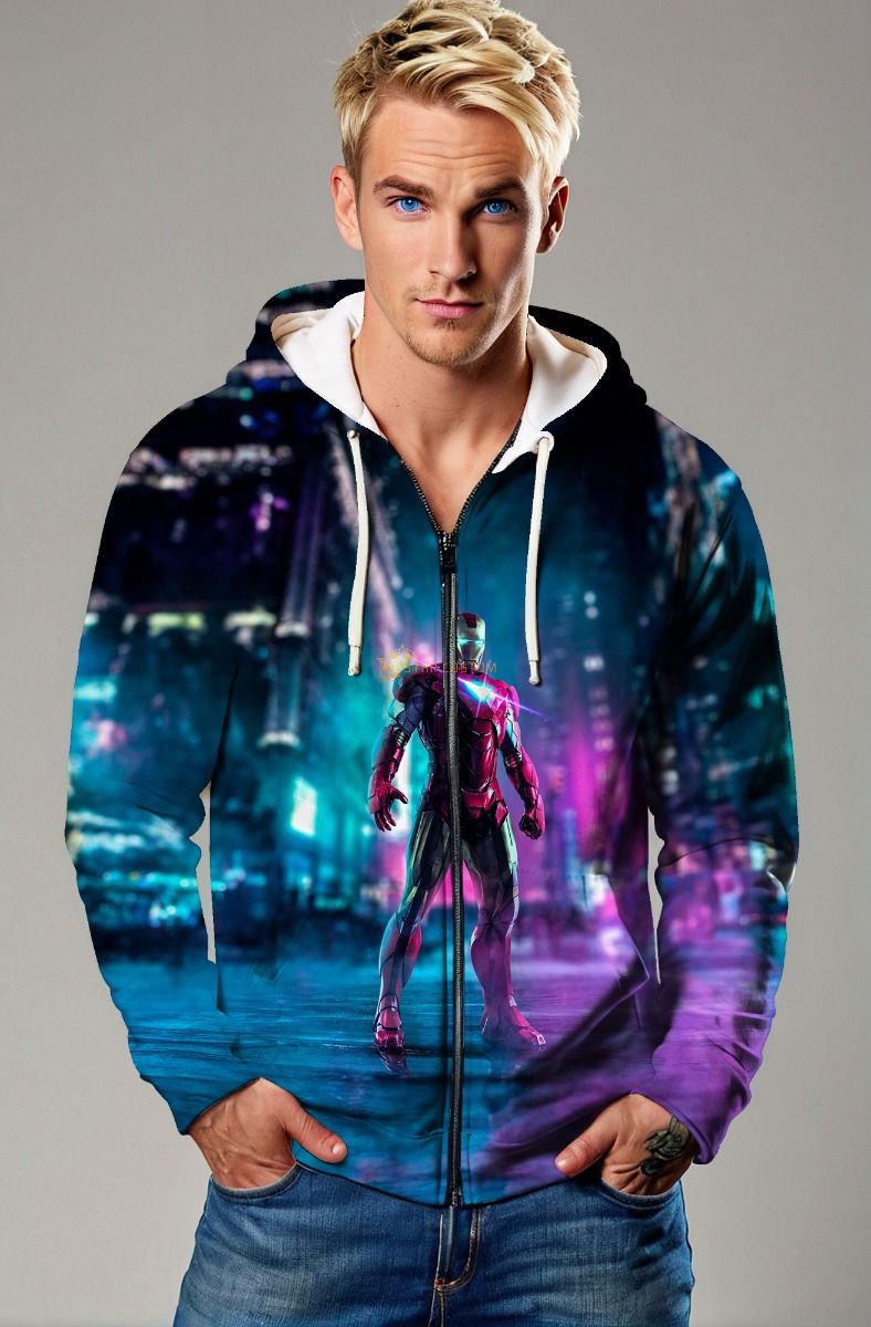 Dark Blue Iron Man Neon City Graphic Zip‑Up Hoodie