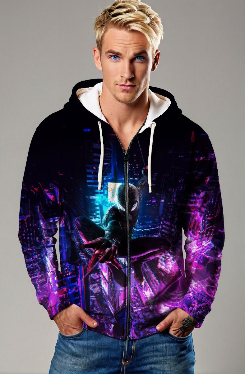 Dark Black & Neon Spider‑Man City Graphic Zip‑Up Hoodie