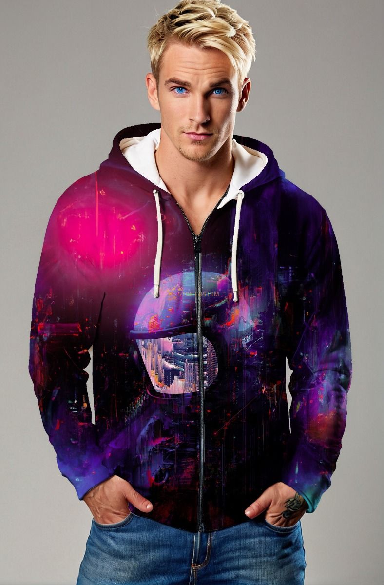 Dark Purple & Black Futuristic Astronaut Graphic Zip‑Up Hoodie