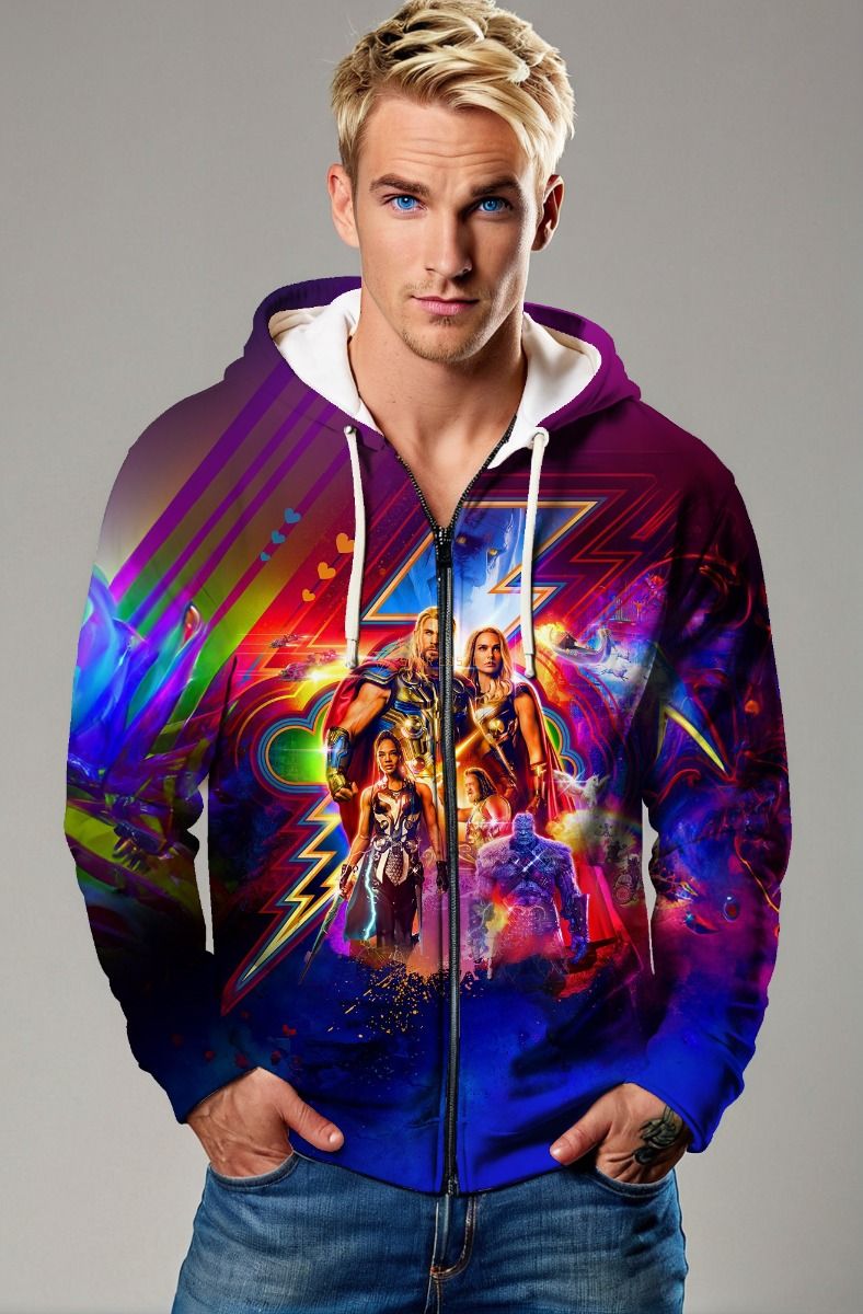 Deep Blue Thor-Inspired Graphic Zip‑Up Hoodie