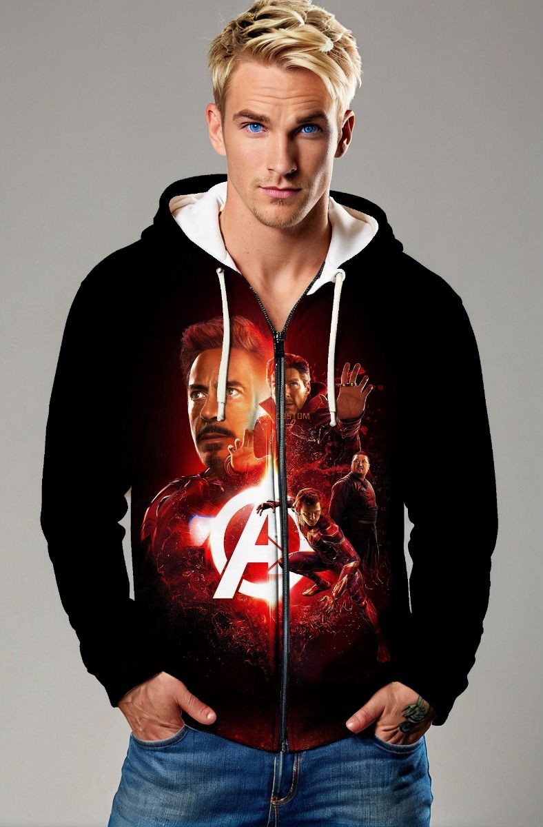 Black Avengers Heroic Team Graphic Zip‑Up Hoodie