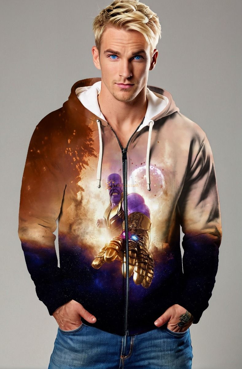Brown & Black Thanos Infinity Gauntlet Graphic Zip‑Up Hoodie