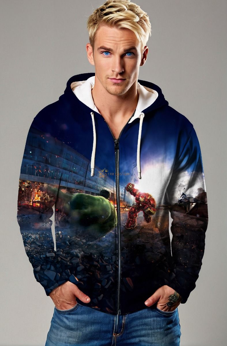 Dark Blue Hulk vs Iron Man Hulkbuster Battle Graphic Zip‑Up Hoodie