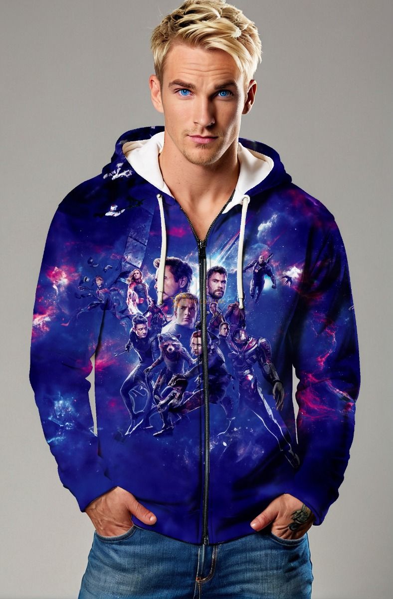 Dark Blue Avengers Galaxy Graphic Zip‑Up Hoodie
