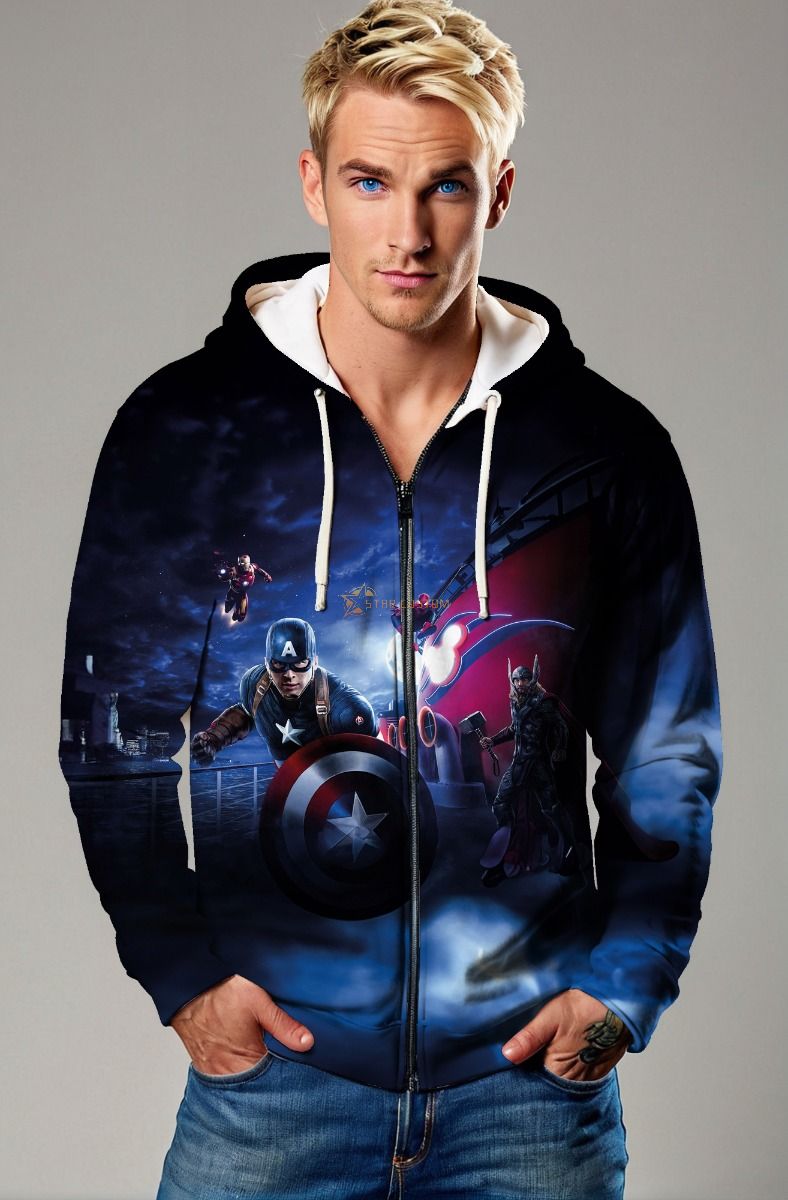 Dark Blue Captain America & Avengers Night Battle Zip‑Up Hoodie