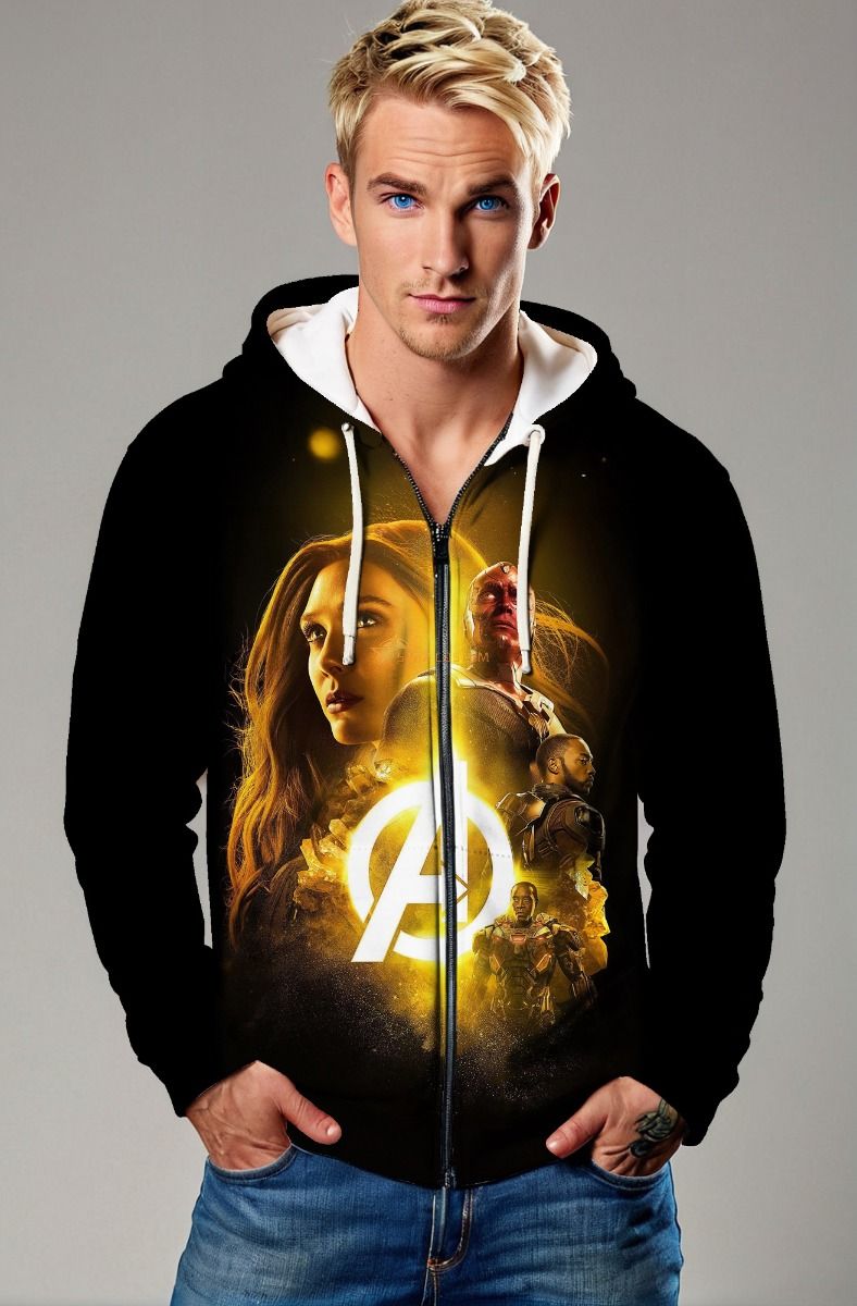 Black Avengers Golden Glow Zip‑Up Hoodie 