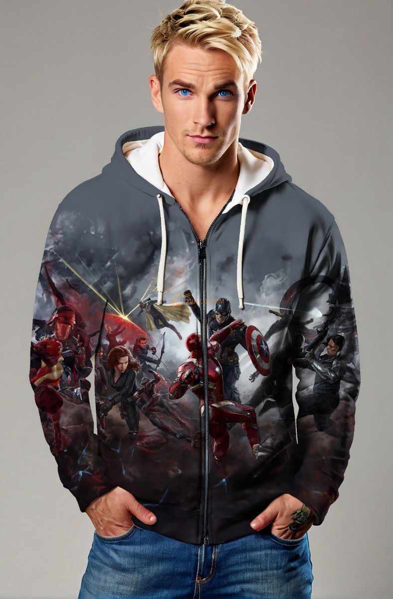 Gray Avengers Battle Scene Zip‑Up Hoodie