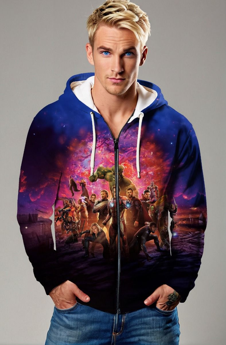 Dark Blue Avengers Galaxy Battle Zip‑Up Hoodie