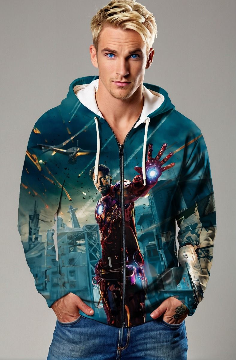 Teal Iron Man Battle Scene Zip‑Up Hoodie