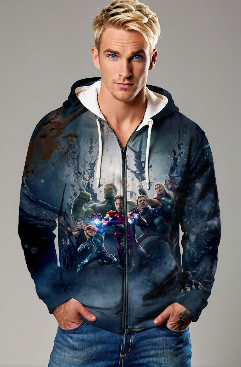  Blue Avengers Team Battle Zip‑Up Hoodie