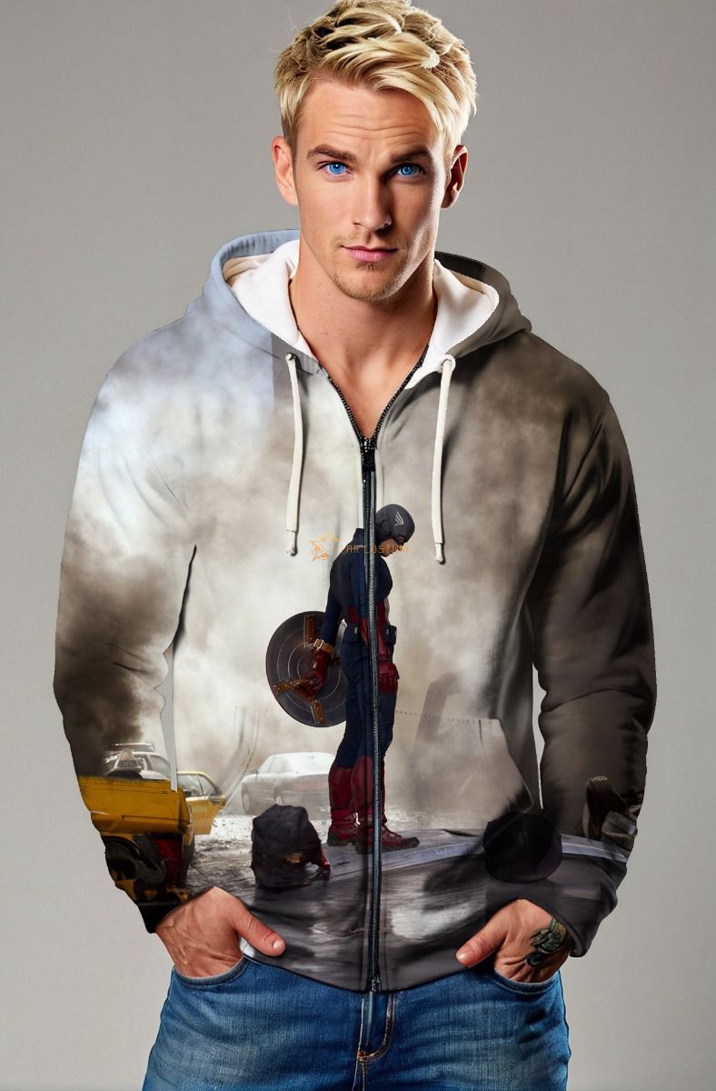 Gray Captain America Battle Zip‑Up Hoodie