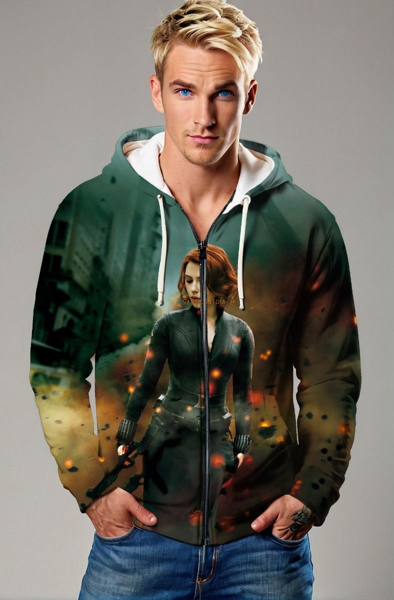 Dark Green Black Widow Zip‑Up Hoodie
