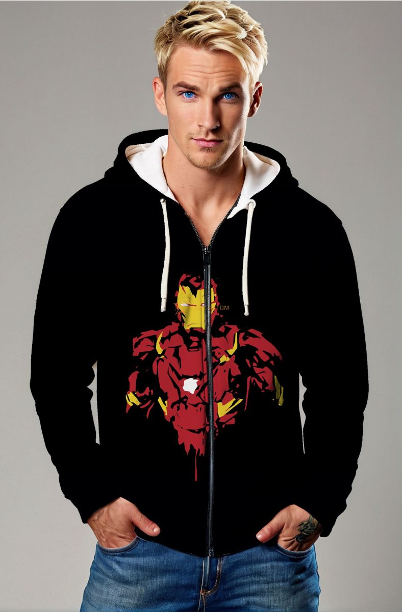 Iron Man Bold Graphic Black Apparel Heroic Streetwear Up-Zip Up Hoodie