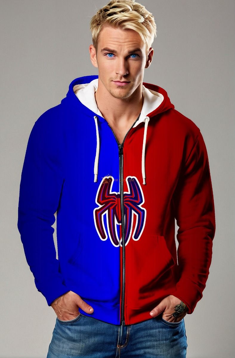 Spider Logo Split Red & Blue Zip‑Up Hoodie