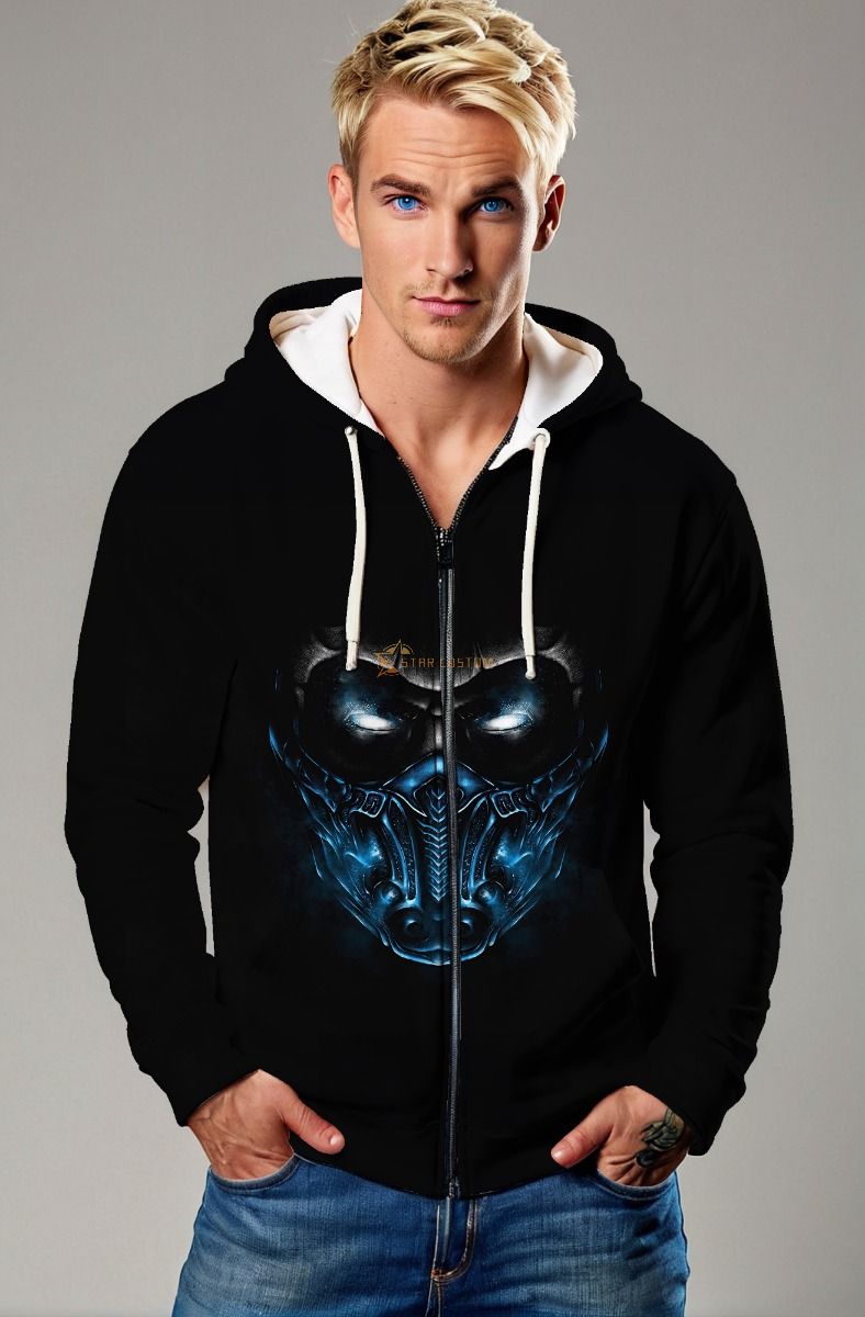 Blue Mask Tech Graphic Apparel – Black Zip‑Up Hoodie