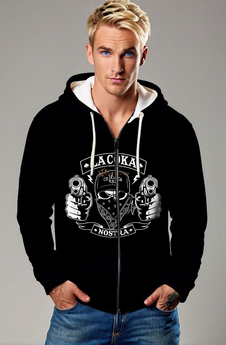 Lacoka Nostra Graphic Apparel – Black Zip‑Up Hoodie with Street Edge