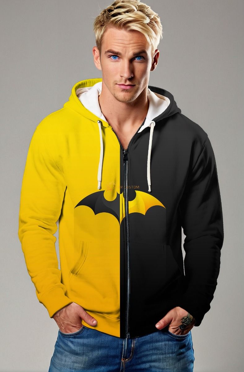 Superhero Bat Logo Graphic Apparel – Yellow & Black Zip‑Up Hoodie