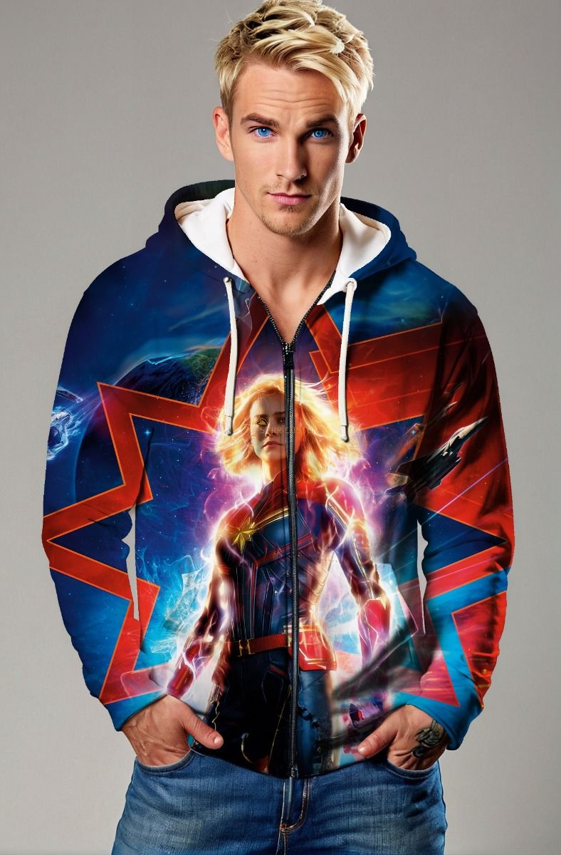 Captain Marvel Graphic Apparel – Vibrant Red & Blue Zip‑Up Hoodie