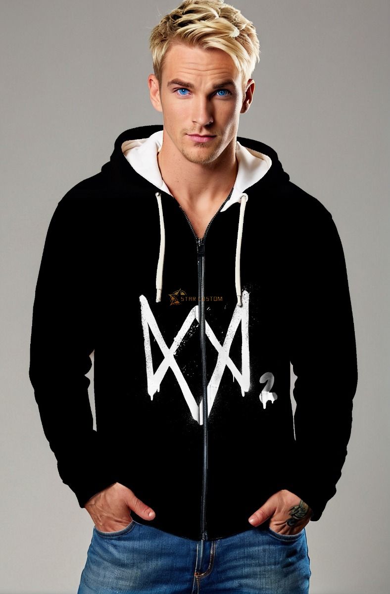 Watch Dogs Style Graphic Apparel – Black Zip‑Up Hoodie