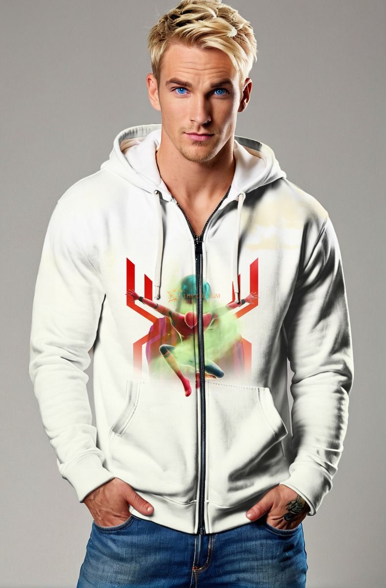 Spider Hero Graphic Apparel – White Zip‑Up Hoodie