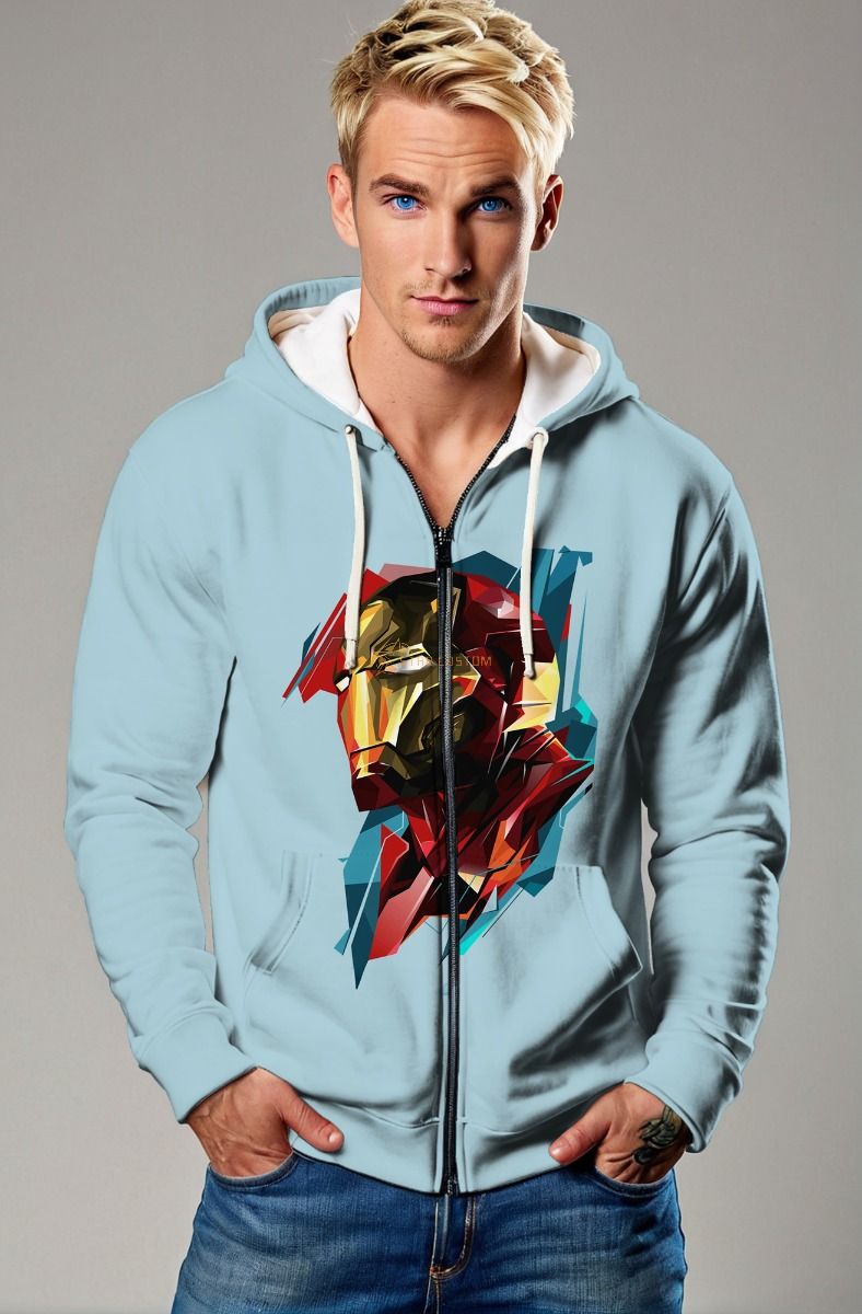 Iron Hero Polygon Art Apparel – Light Blue Zip‑Up Hoodie