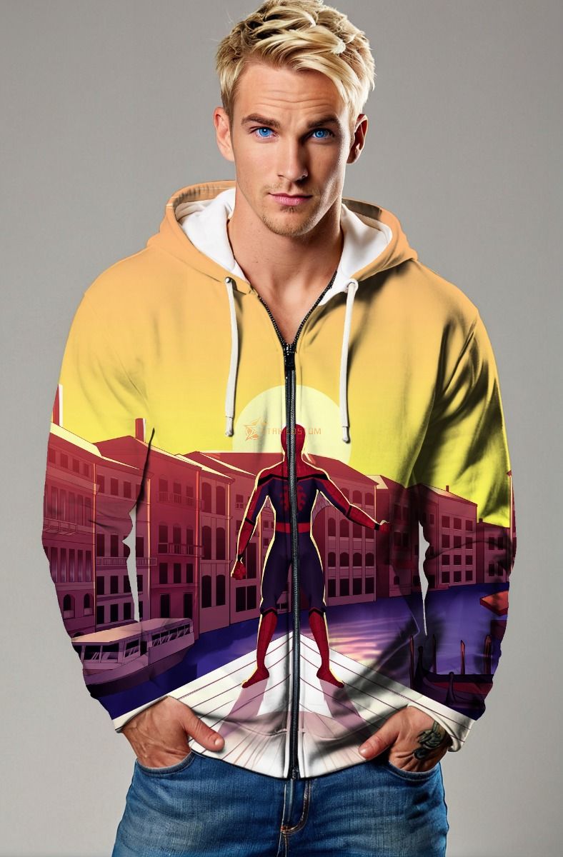 Sunset City Hero Graphic Apparel – Golden Yellow Zip‑Up Hoodie