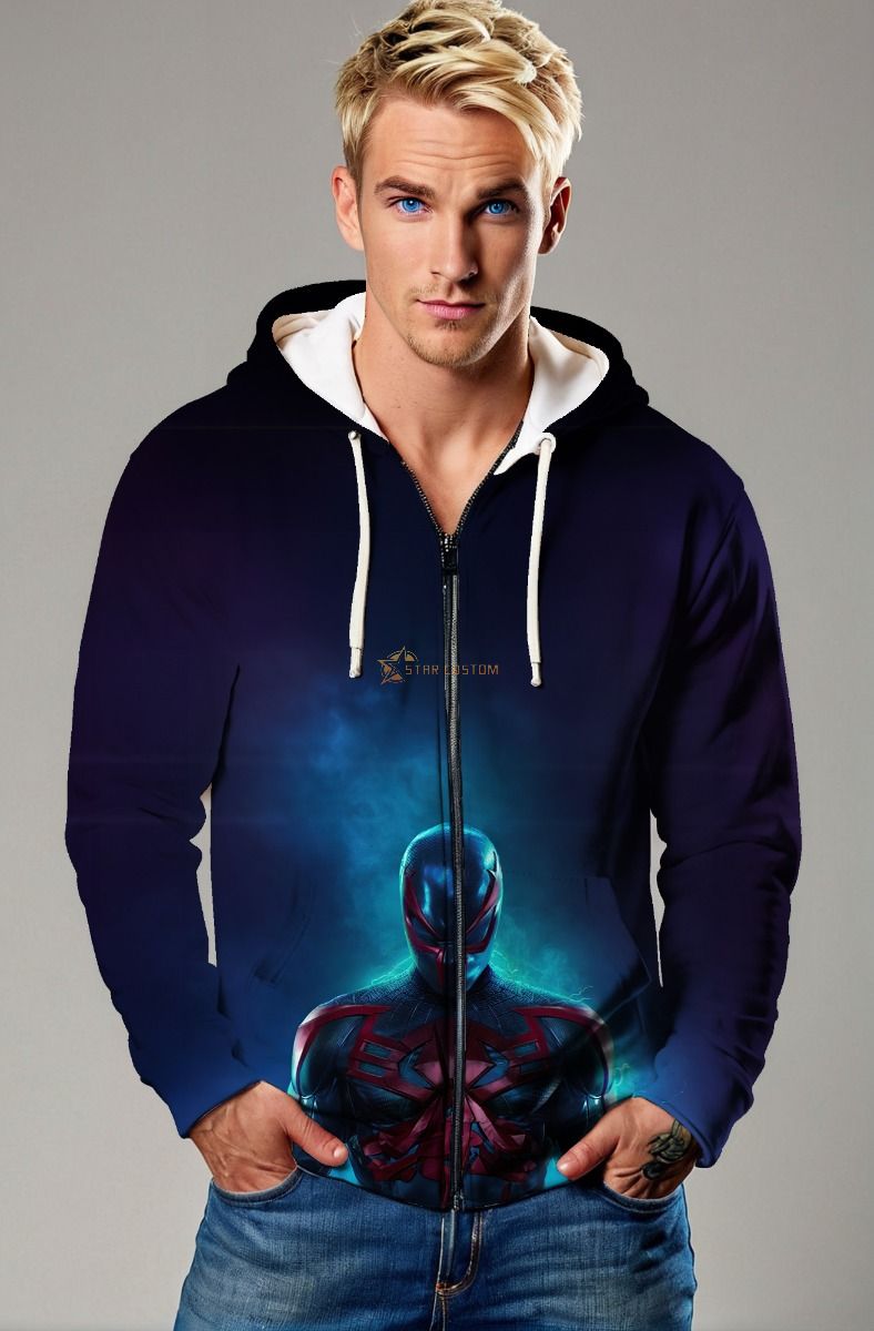  Neo Spider Hero Graphic Apparel – Midnight Blue Zip‑Up Hoodie