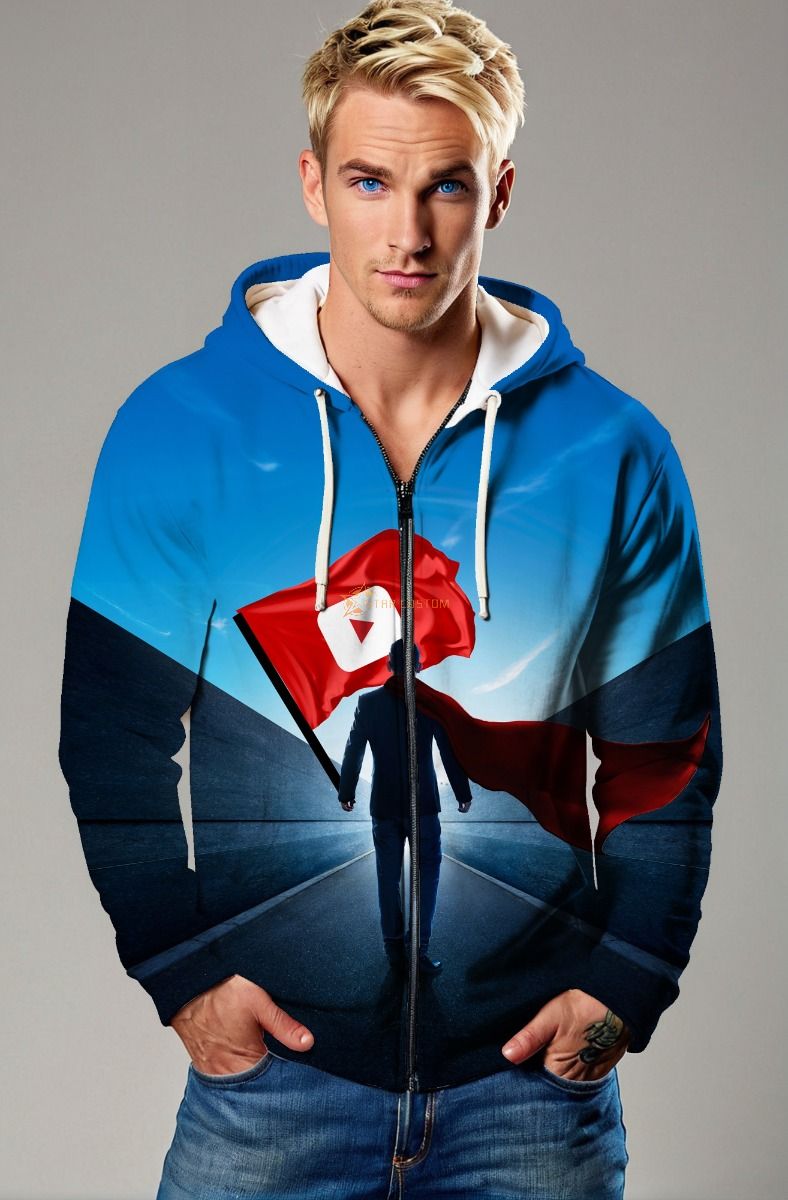 Visionary Path Zip‑Up Hoodie – Dynamic Blue & Red Design