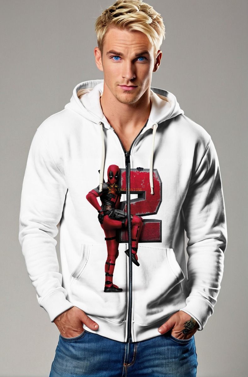 White Deadpool 2 Zip‑Up Hoodie – Fun Red Character Design