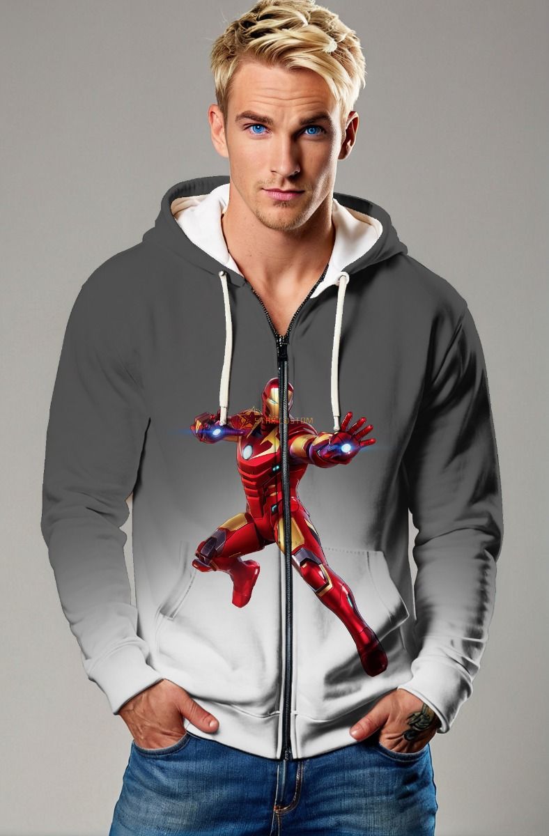 Gray & White Iron Man Zip‑Up Hoodie – Dynamic Hero Graphic
