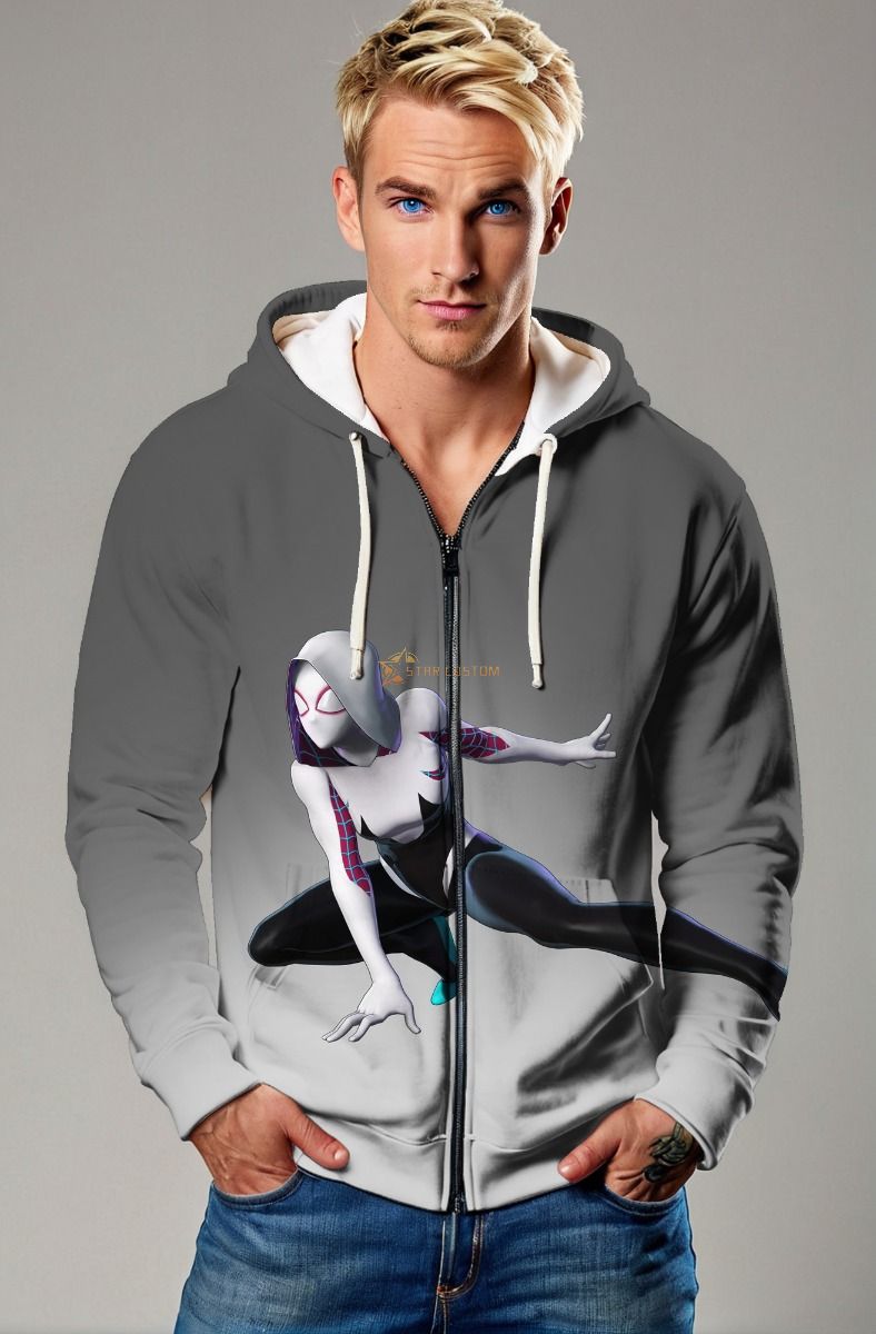 Gray & White Spider‑Gwen Zip‑Up Hoodie – Sleek Hero Vibes