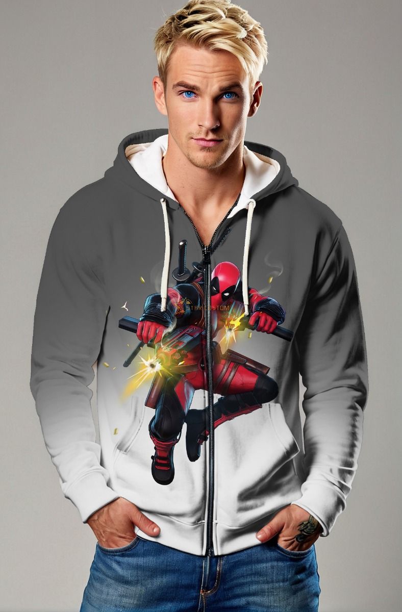 Gray & White Deadpool Zip‑Up Hoodie – Heroic Urban Vibes