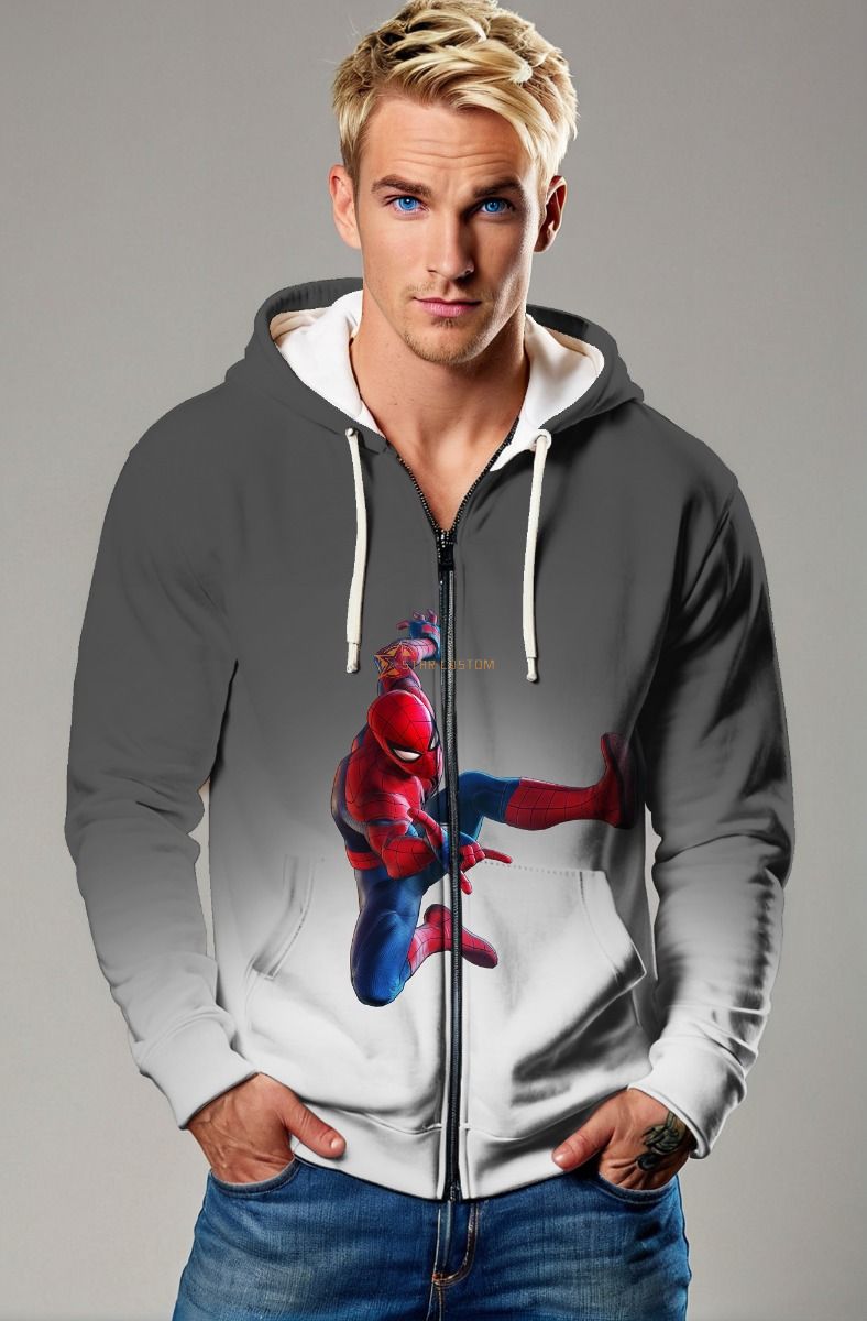Gray & White Spider‑Man Zip‑Up Hoodie – Sleek Hero Vibes