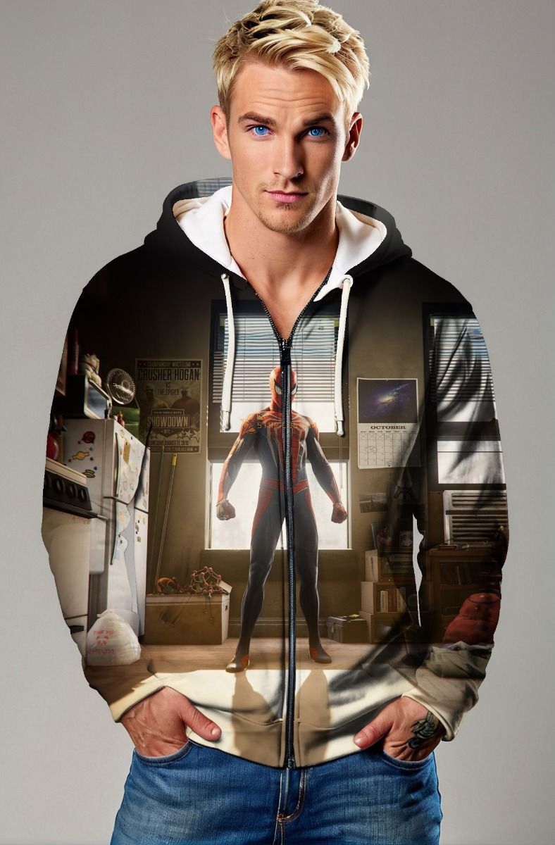 Dark Brown & Black Spider‑Man Room Scene Zip‑Up Hoodie – Layered Hero Style