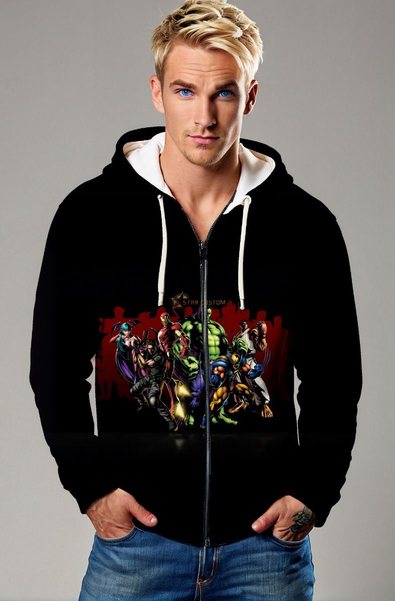 Black Marvel Heroes Team Zip‑Up Hoodie – Versatile & Iconic