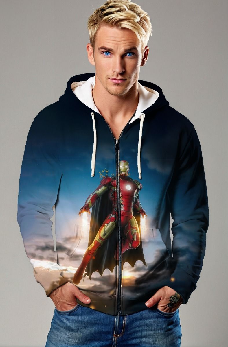 Dark Blue Iron Man Hero Cape Zip‑Up Hoodie – Versatile & Iconic