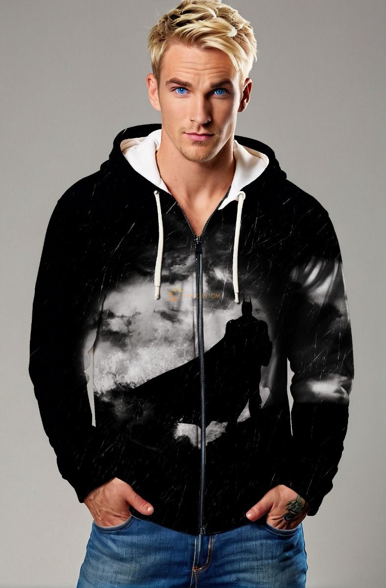 Black Dark Knight Silhouette Zip‑Up Hoodie – Urban Hero Aesthetic