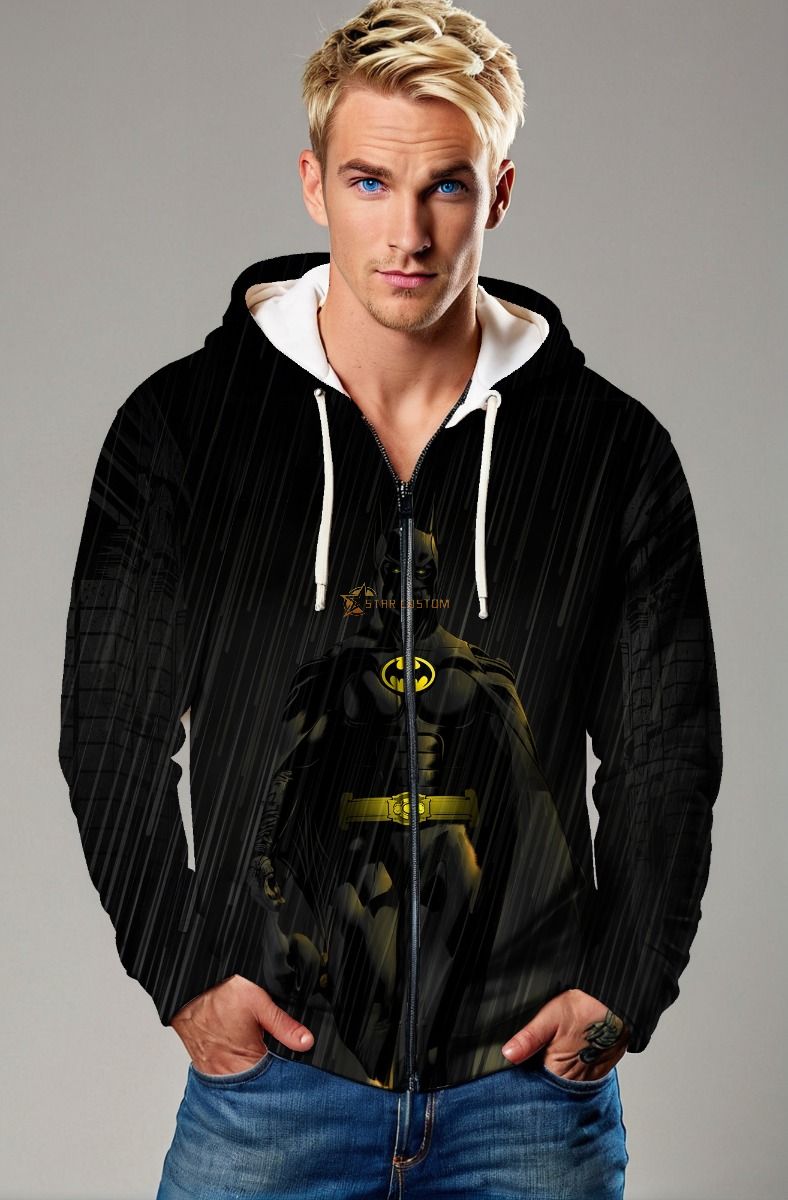 Black Batman Rain Zip‑Up Hoodie – Versatile Hero Style